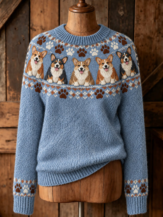 Suéter de manga larga con estampado de perros y patas lindos vintage para mujer