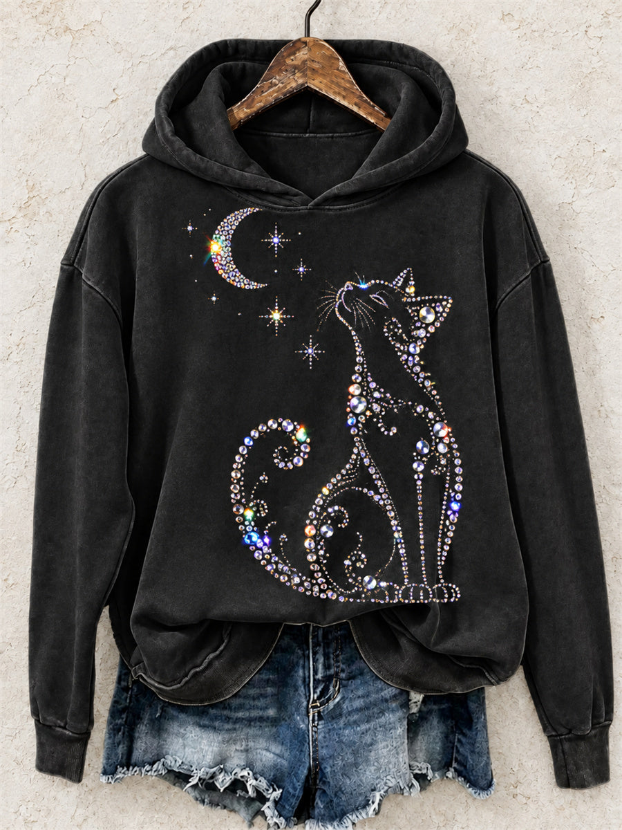 Sudadera cómoda con capucha para mujer, diseño elegante de gato con purpurina y diamantes de imitación