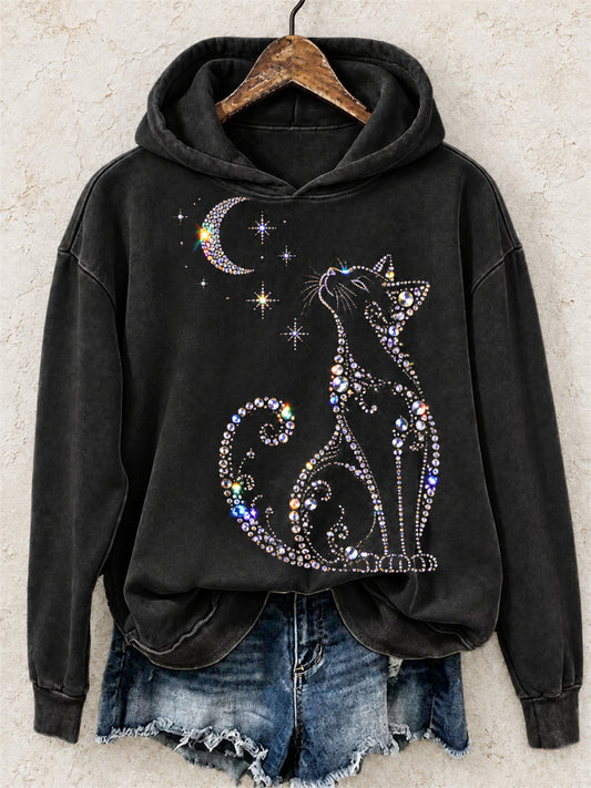 Sudadera cómoda con capucha para mujer, diseño elegante de gato con purpurina y diamantes de imitación