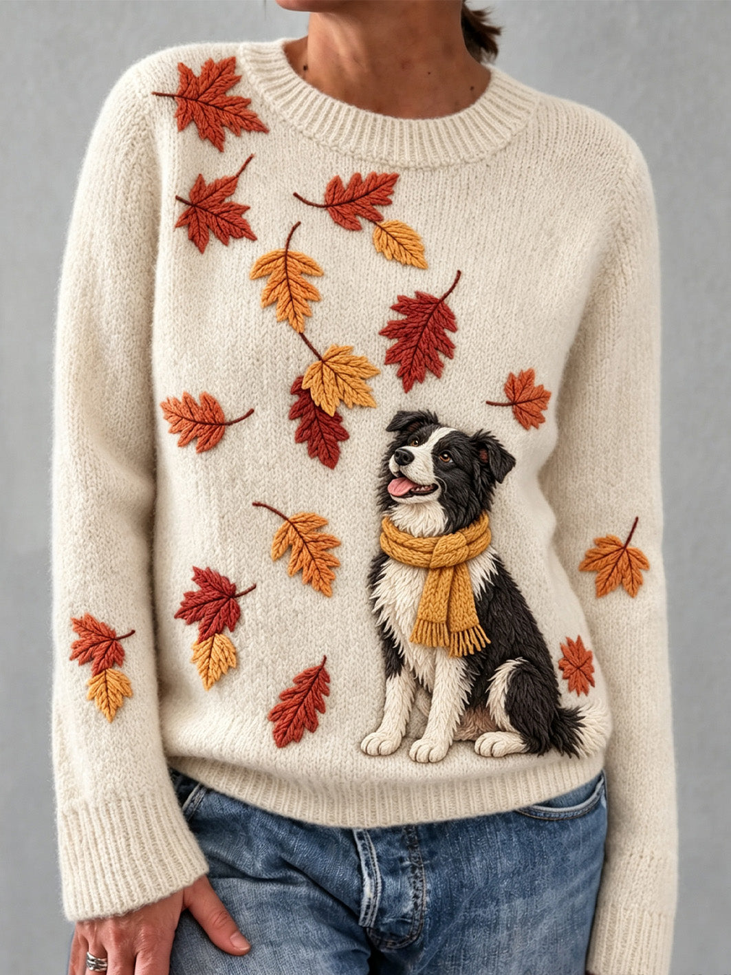 Suéter casual de manga larga con diseño de patrón de perro de hoja de otoño para mujer