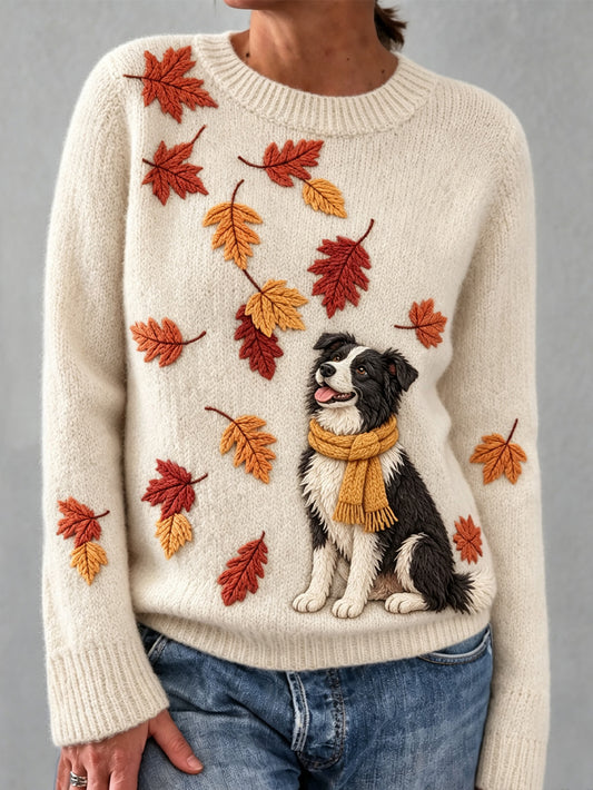 Suéter casual de manga larga con diseño de patrón de perro de hoja de otoño para mujer