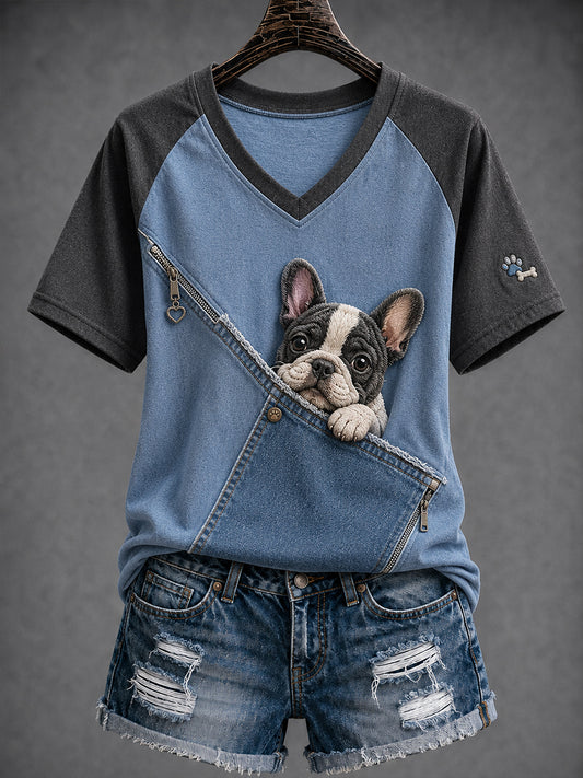 Camiseta de manga corta con cuello en V Fun Animals para mujer