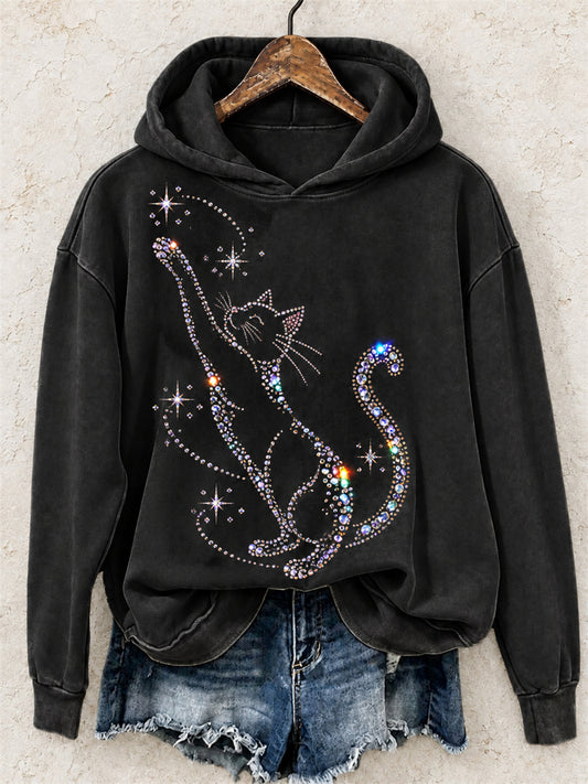 Elegante gato Glitter Rhinestones Art Print Cozy Hoodie de las mujeres