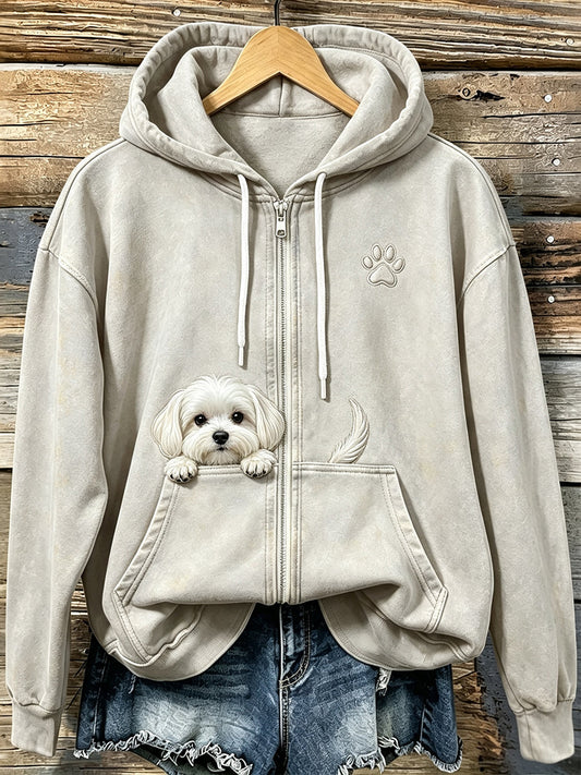 Lindo perro maltés Peeking de las mujeres con Paw Print Cozy Zip-Up Hoodie