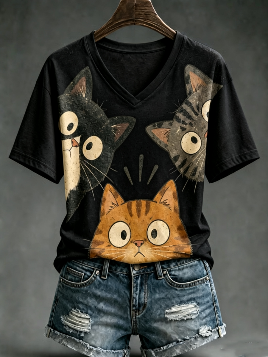 Camiseta de manga corta con estampado de gato lindo para mujer
