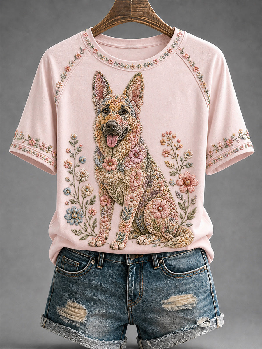 Mujer Estampado Floral Perro Camiseta Casual