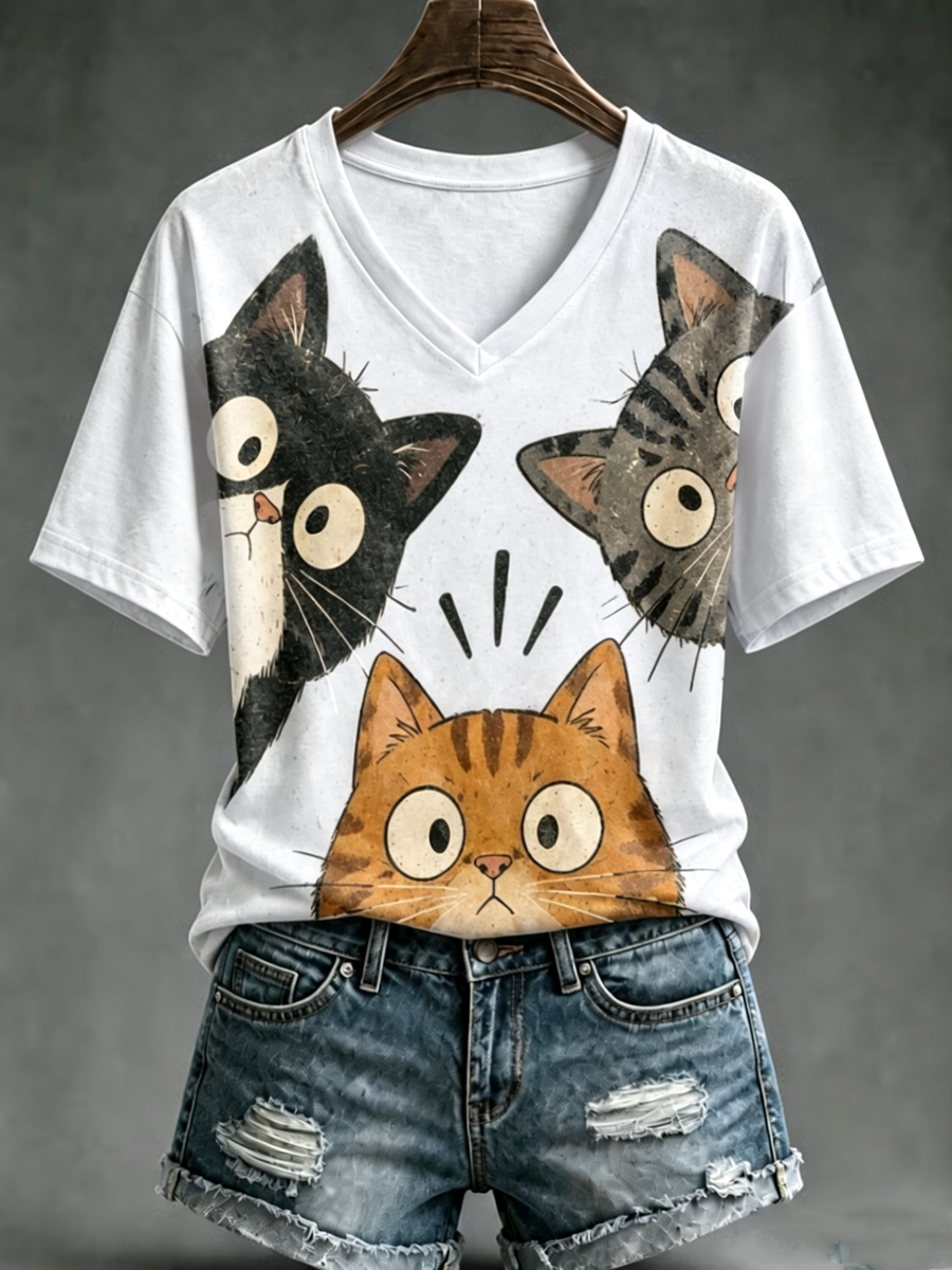 Camiseta de manga corta con estampado de gato lindo para mujer