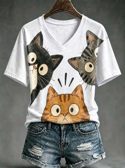 Camiseta de manga corta con estampado de gato lindo para mujer