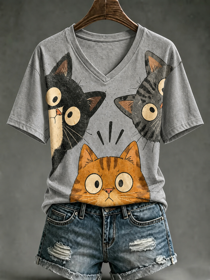 Camiseta de manga corta con estampado de gato lindo para mujer