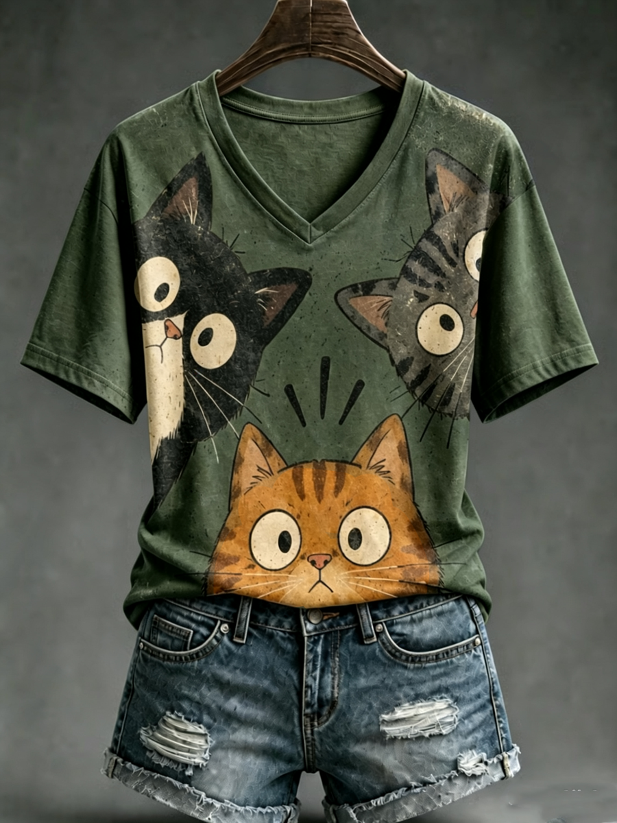 Camiseta de manga corta con estampado de gato lindo para mujer