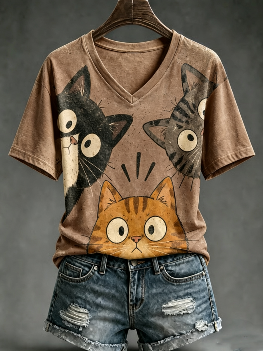 Camiseta de manga corta con estampado de gato lindo para mujer