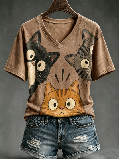 Camiseta de manga corta con estampado de gato lindo para mujer