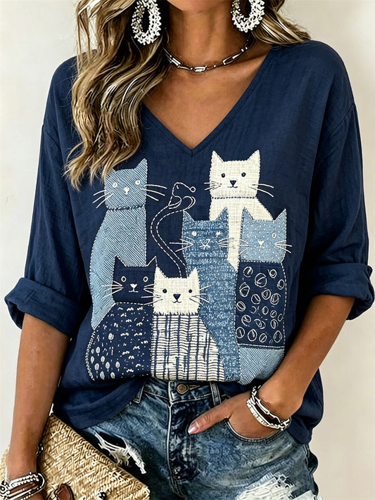 Camiseta de manga media de lino con estampado de arte japonés Sashiko para mujer