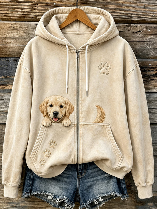 Mujeres lindo Peeking Golden Retriever y patas imprimir acogedor Zip-Up Hoodie