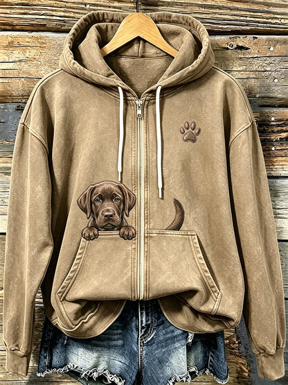 Mujer Chocolate Labrador & Paw Print Cozy Zip-Up Hoodie