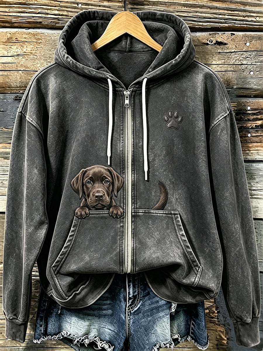 Mujer Chocolate Labrador & Paw Print Cozy Zip-Up Hoodie