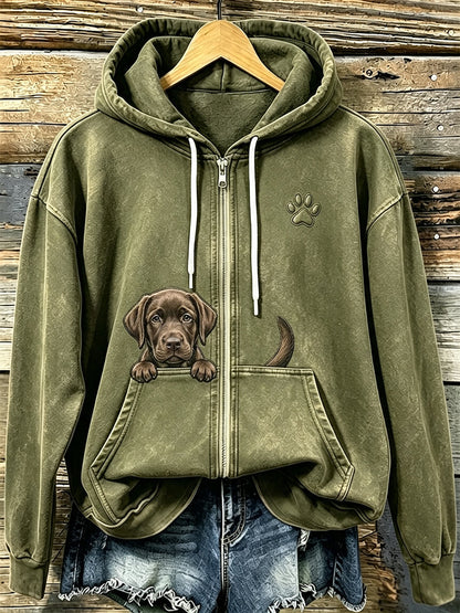 Mujer Chocolate Labrador & Paw Print Cozy Zip-Up Hoodie