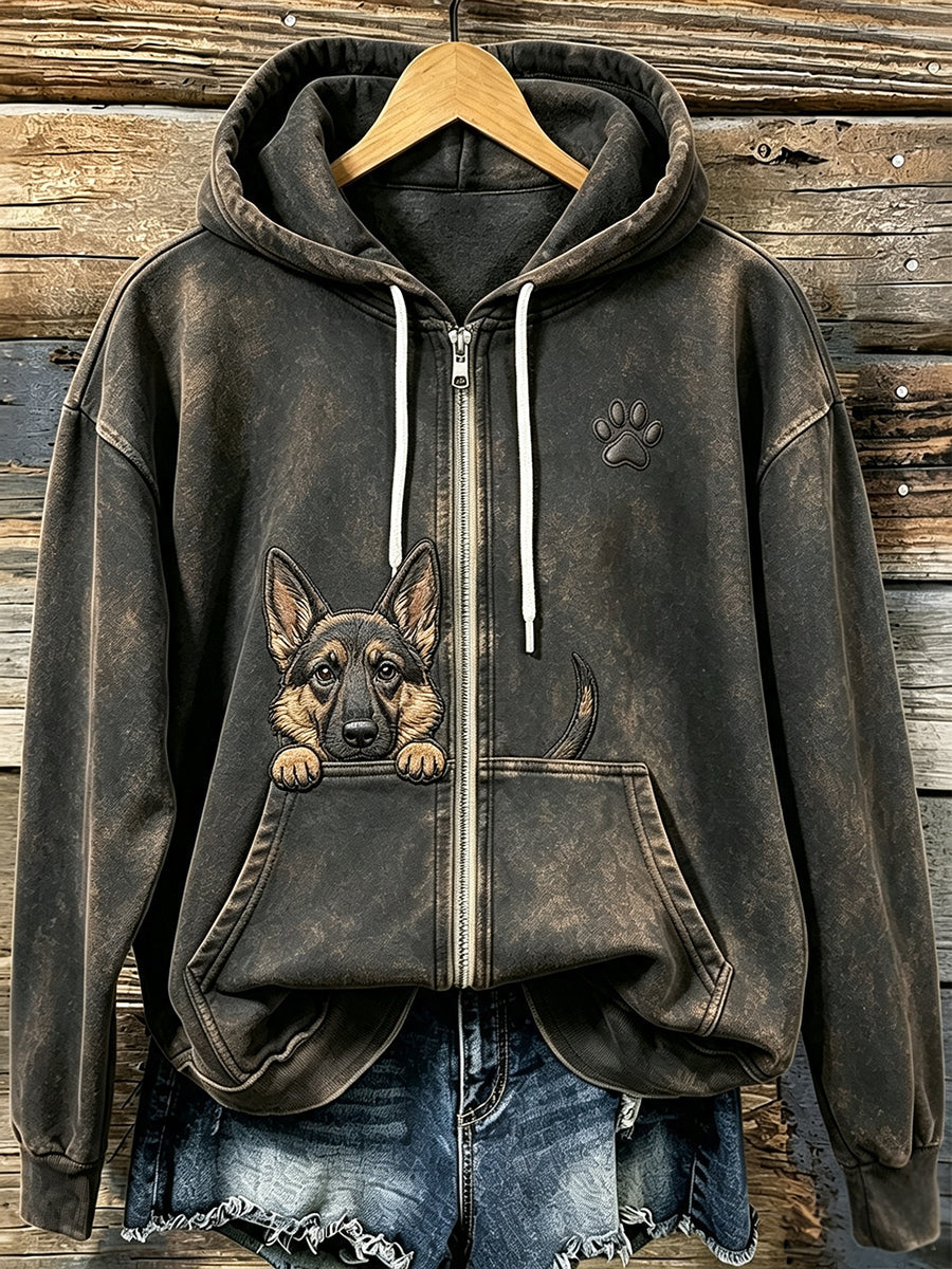 Lindo pastor alemán de peeking de las mujeres con Paw Print Cozy Zip-Up Hoodie