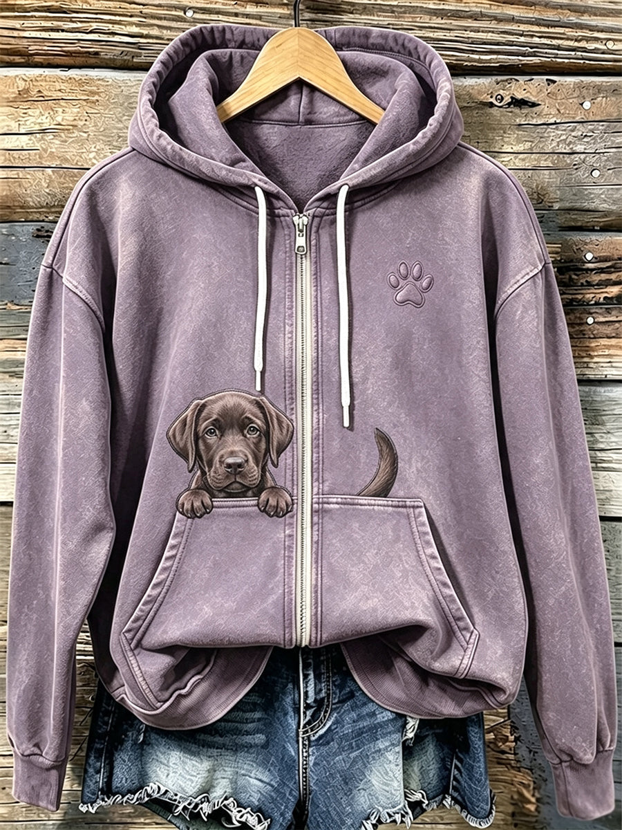 Mujer Chocolate Labrador & Paw Print Cozy Zip-Up Hoodie