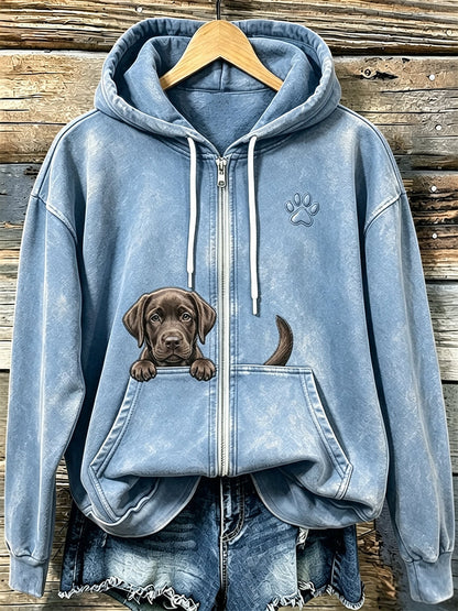 Mujer Chocolate Labrador & Paw Print Cozy Zip-Up Hoodie
