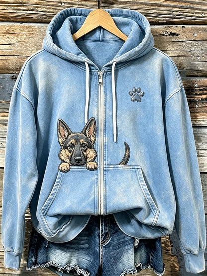 Lindo pastor alemán de peeking de las mujeres con Paw Print Cozy Zip-Up Hoodie
