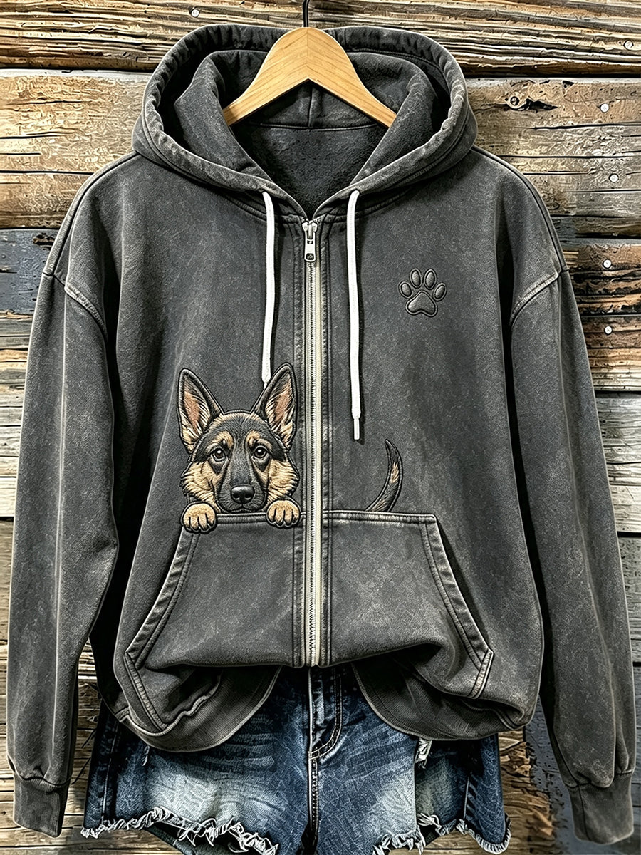 Lindo pastor alemán de peeking de las mujeres con Paw Print Cozy Zip-Up Hoodie