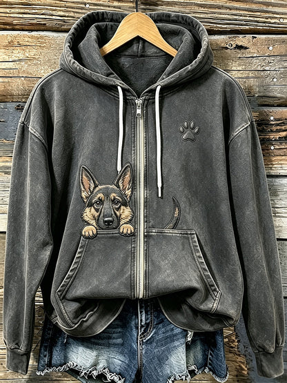 Lindo pastor alemán de peeking de las mujeres con Paw Print Cozy Zip-Up Hoodie