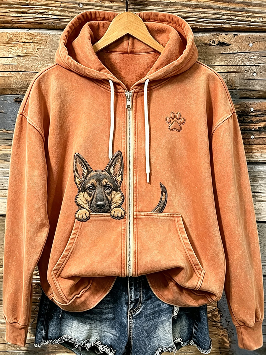 Lindo pastor alemán de peeking de las mujeres con Paw Print Cozy Zip-Up Hoodie