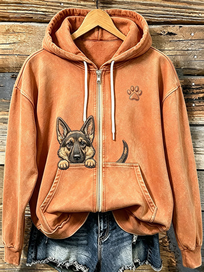Lindo pastor alemán de peeking de las mujeres con Paw Print Cozy Zip-Up Hoodie