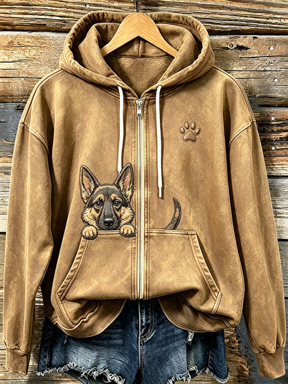Lindo pastor alemán de peeking de las mujeres con Paw Print Cozy Zip-Up Hoodie