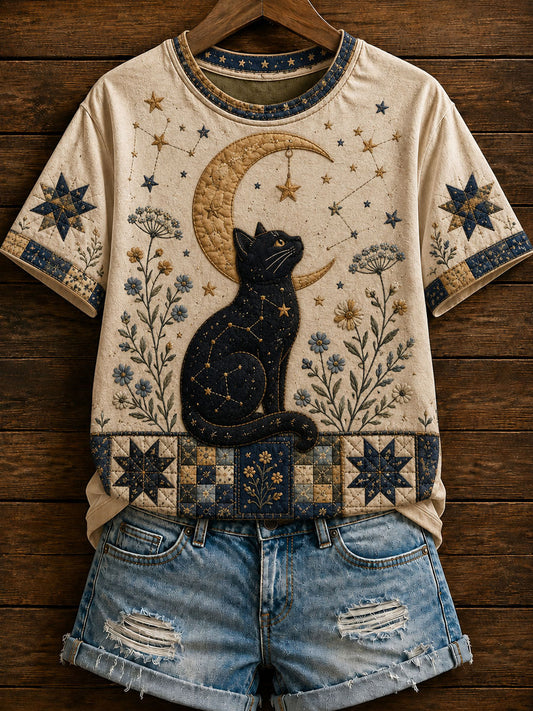 Camiseta casual de manga corta con estampado de gato del zodiaco para mujer
