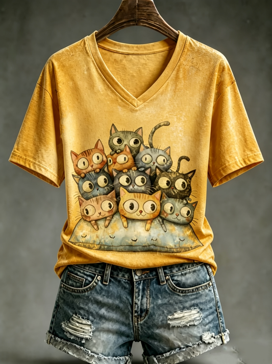 Camiseta de manga corta con estampado de gato para mujer