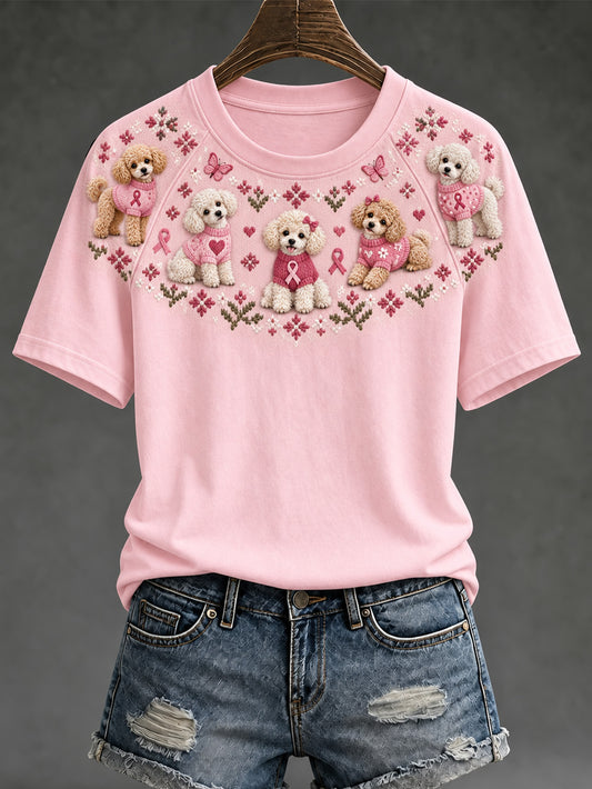 Patrón de perro de mujer y diseño de cinta de caridad rosa camiseta casual de manga corta