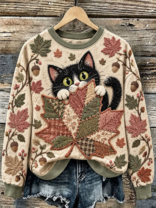 Sudadera casual con estampado de hoja de arce y gato para mujer