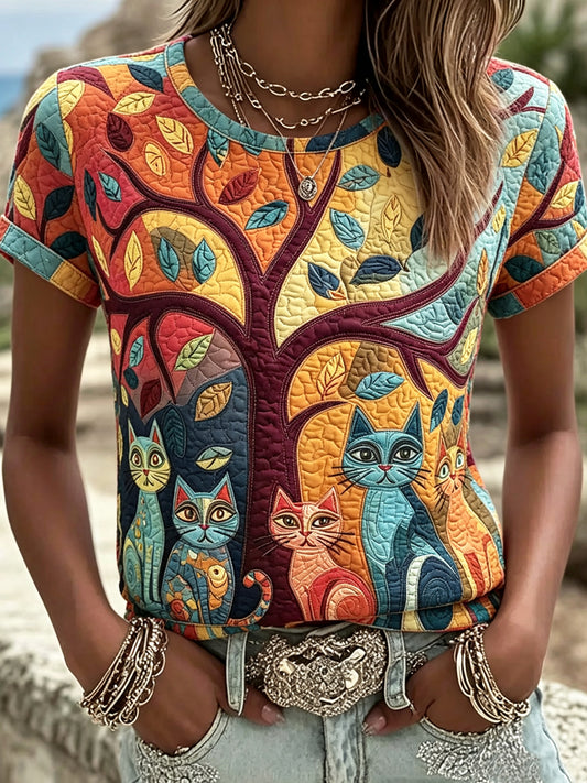Camiseta de manga corta suelta vintage impresa gato de grupo geométrico de las mujeres