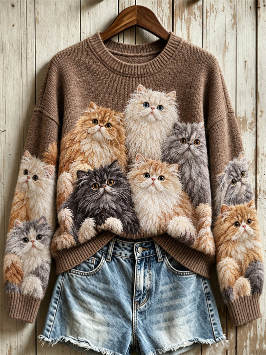 Mujeres de Crowded Fuzzy Persian Cats Imprimir suéter de cuello redondo