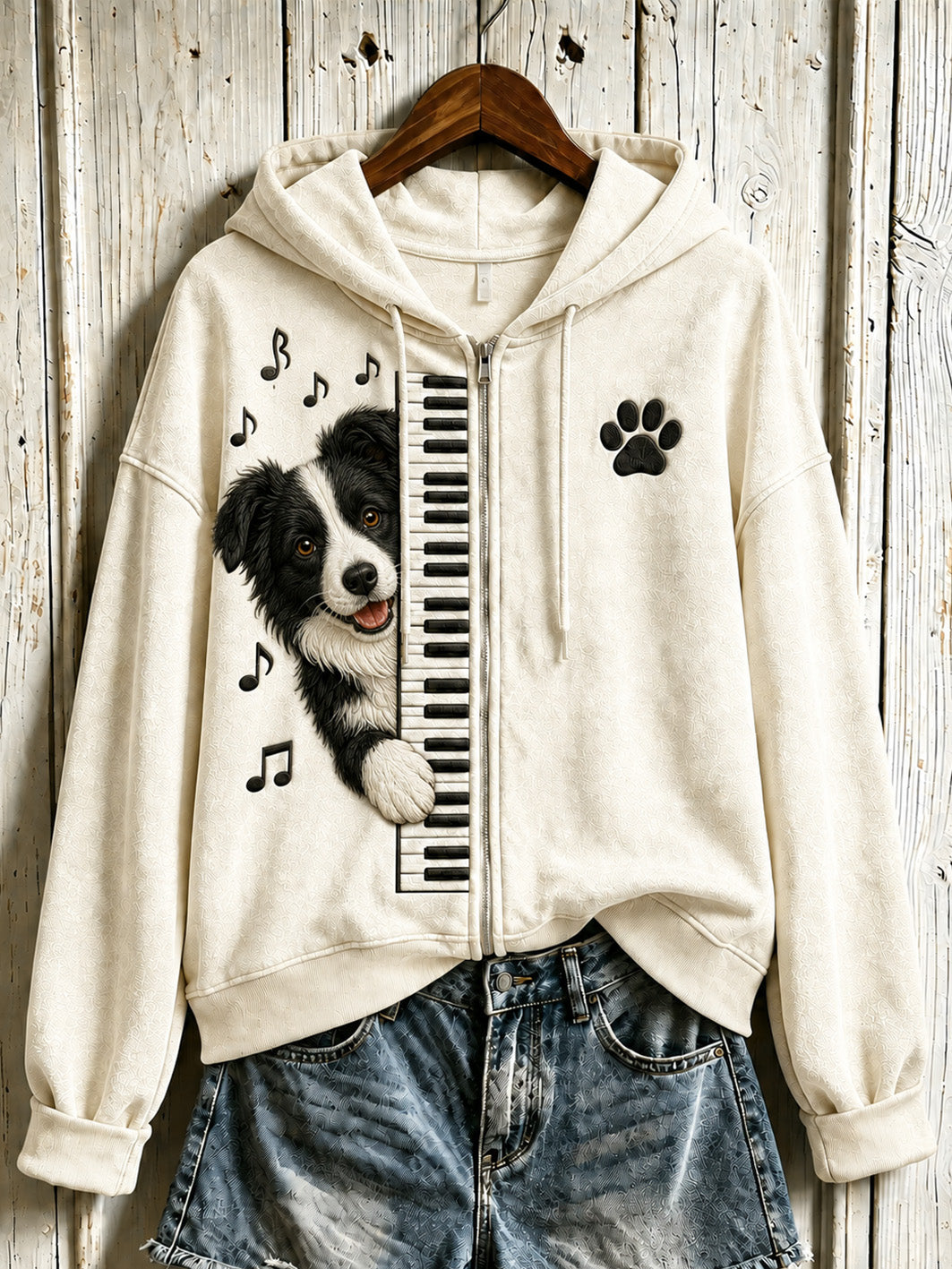 Lindo perro de las mujeres tocando el piano patrón de diseño casual zip-up hoodie