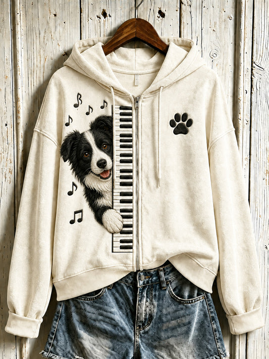 Lindo perro de las mujeres tocando el piano patrón de diseño casual zip-up hoodie