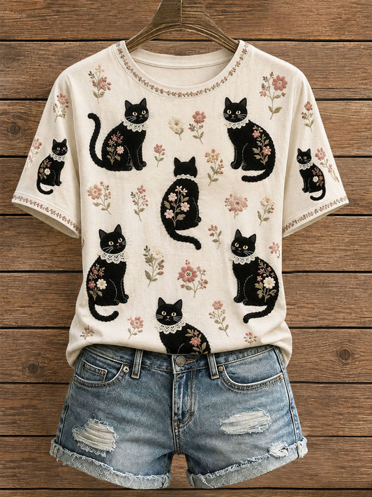 Camiseta floral del gato de las mujeres