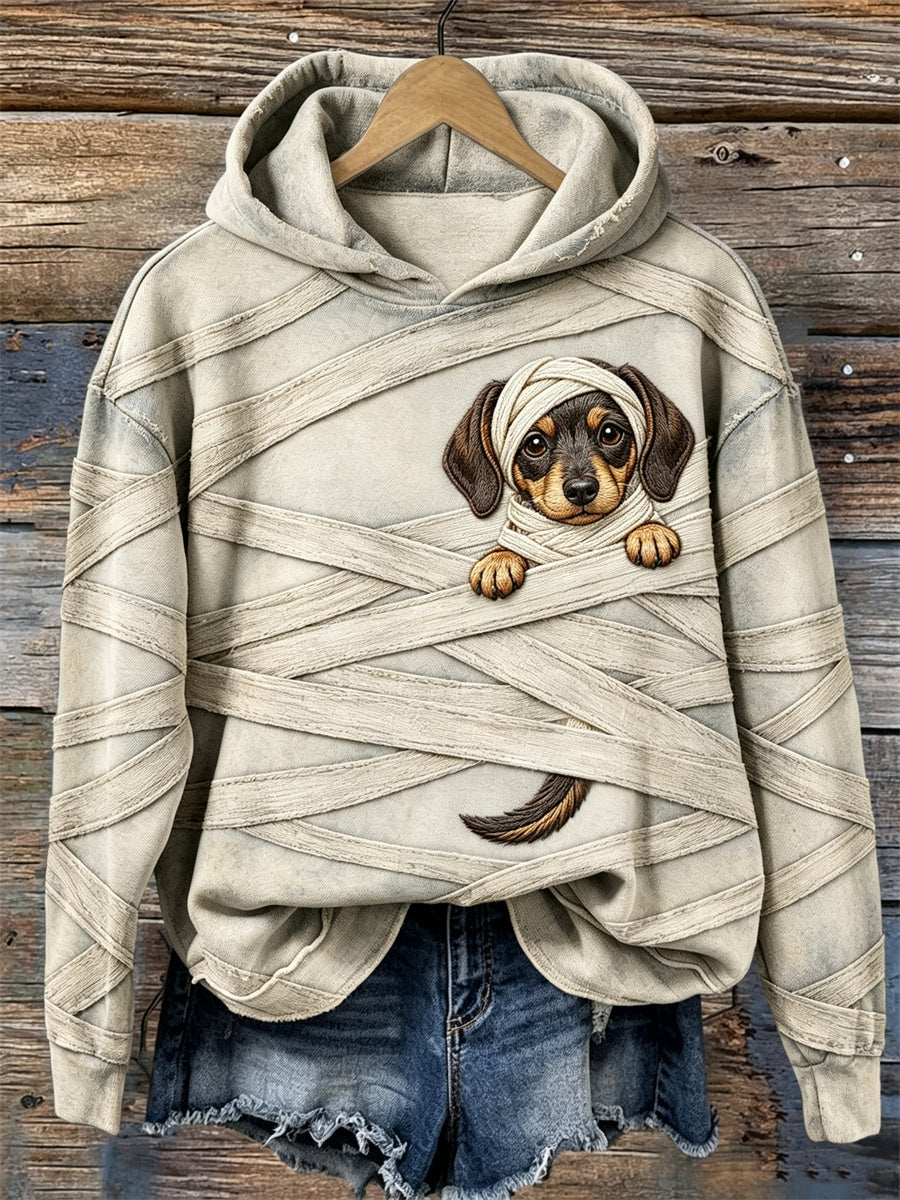 Las mujeres de Halloween Peeking Dachshund perro momia vendajes imprimir acogedor con capucha