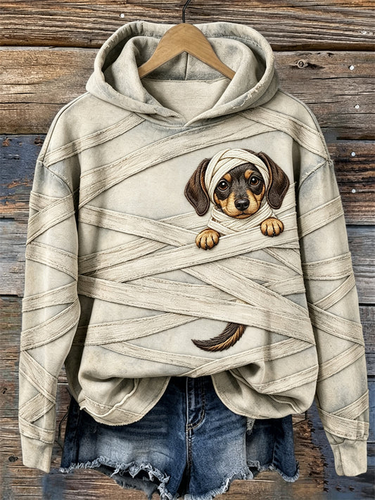 Las mujeres de Halloween Peeking Dachshund perro momia vendajes imprimir acogedor con capucha