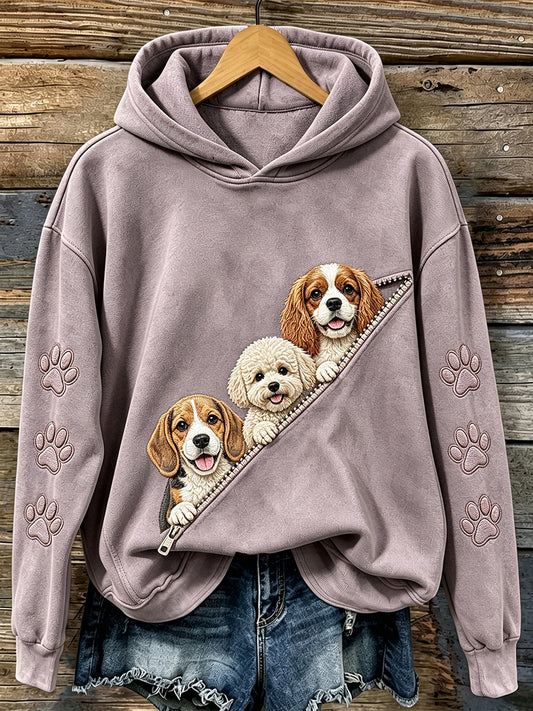 Mujer Vintage Cute Peeking Dogs & Paws Print Comfy Hoodie