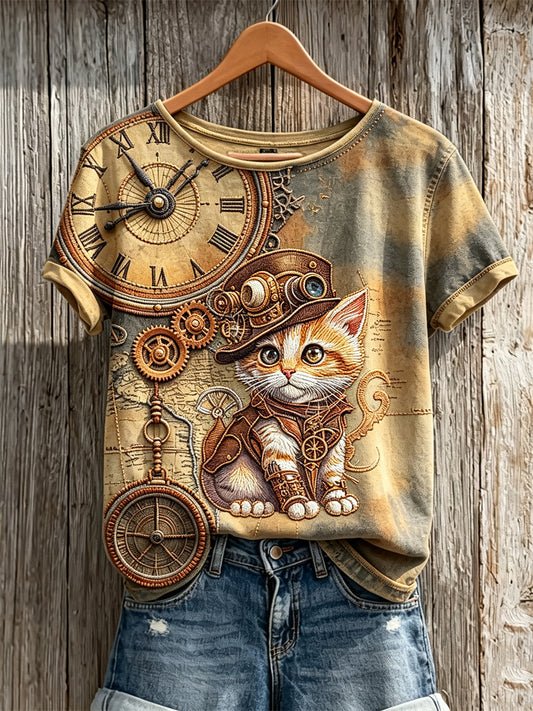 Camiseta de manga corta Vintage Steampunk Cat Art Print para mujer
