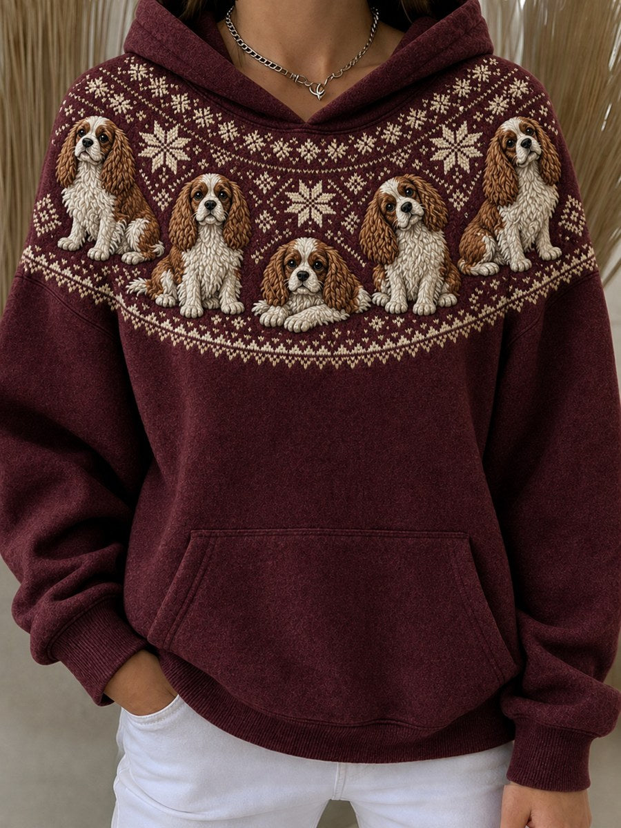 Mujeres Vintage Cavalier Dogs Yoke Isle Patrón Imprimir Sudaderas con capucha de gran tamaño