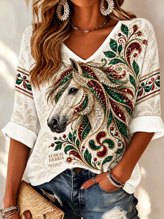 Top casual con cuello en V y estampado animal retro de estilo vasco para mujer