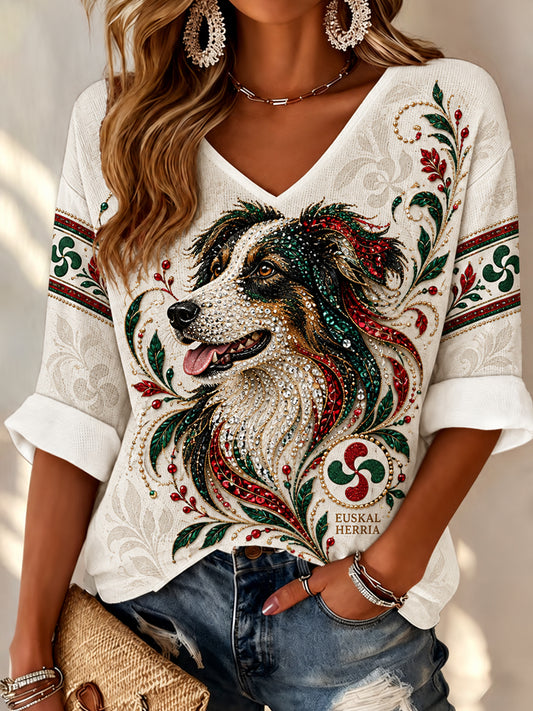 Top casual con cuello en V de pastor vasco retro para mujer